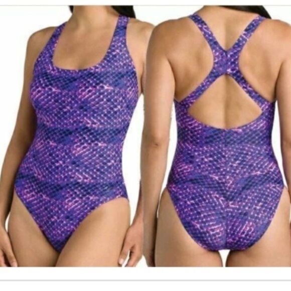 Speedo Ultraback Purple Print Swimsuit Sz 12 - Picture 1 of 5